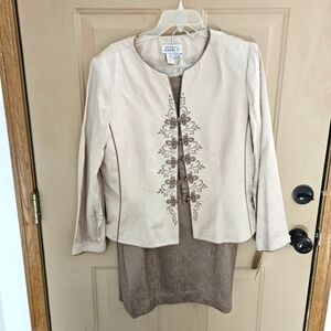 Vintage Adrianna Papell tan and light brown silk lined top and skirt. Plus size.